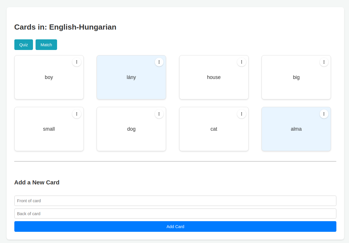 Screenshot of the main card view